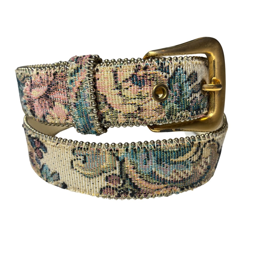 Paul Harris Tapestry Floral Belt Ball Chain Gold Buckle Boho Western M L